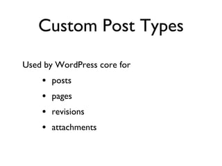 Custom Post Types Used by WordPress core for posts pages revisions attachments 