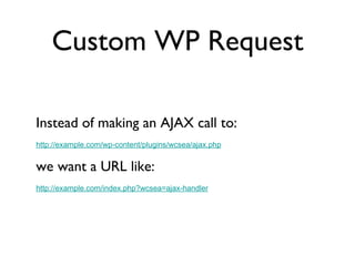 Custom WP Request Instead of making an AJAX call to: http://example.com/wp-content/plugins/wcsea/ajax.php we want a URL like: http://example.com/index.php?wcsea=ajax-handler 