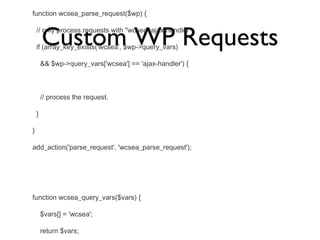 Custom WP Requests function wcsea_parse_request($wp) { // only process requests with "wcsea=ajax-handler" if (array_key_exists('wcsea', $wp->query_vars)  && $wp->query_vars['wcsea'] == 'ajax-handler') { // process the request. } } add_action('parse_request', 'wcsea_parse_request'); function wcsea_query_vars($vars) { $vars[] = 'wcsea'; return $vars; } add_filter('query_vars', 'wcsea_query_vars'); 