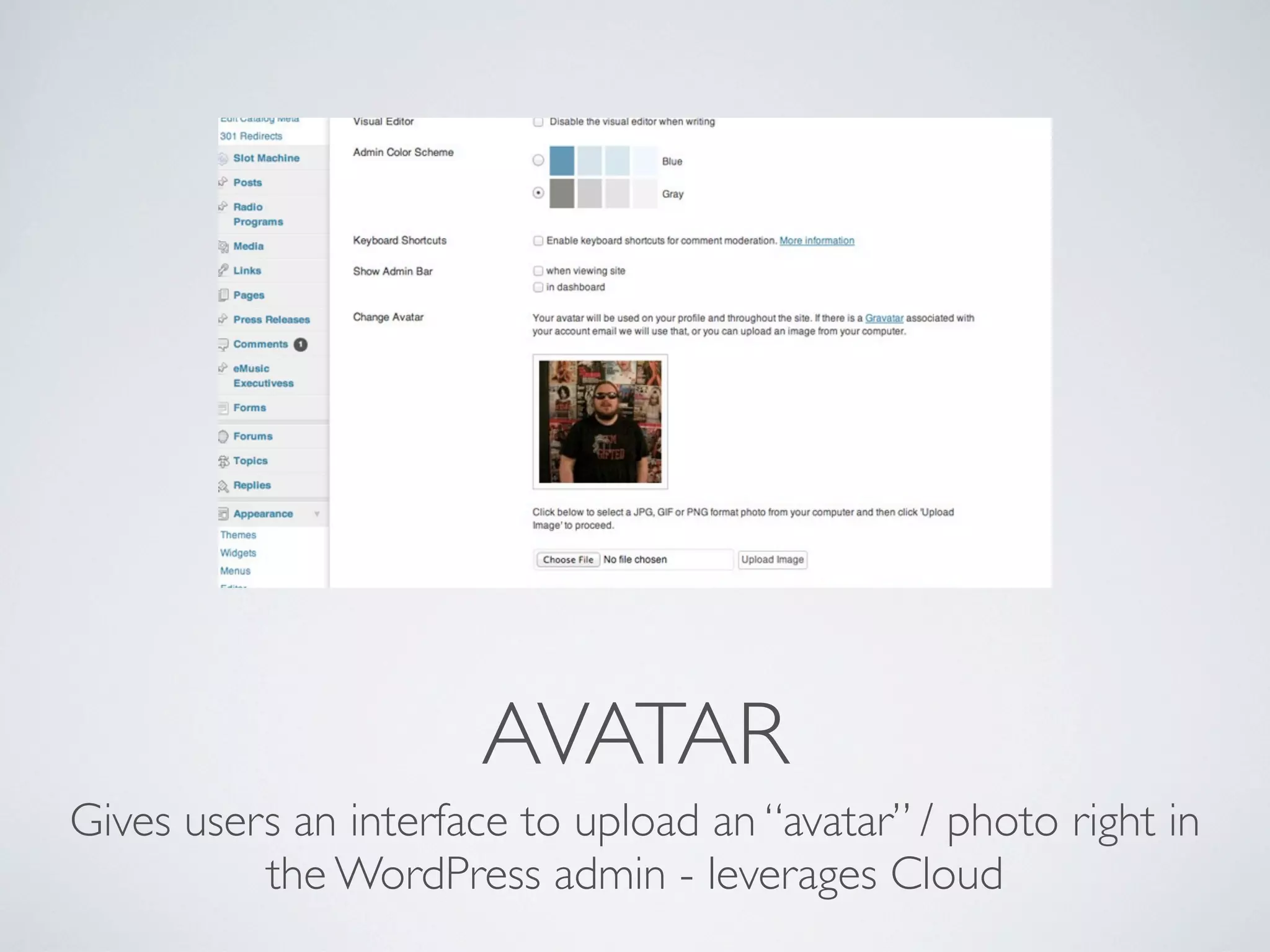 AVATAR
Gives users an interface to upload an &ldquo;avatar&rdquo; / photo right in
          the WordPress admin - leverages Cloud
 