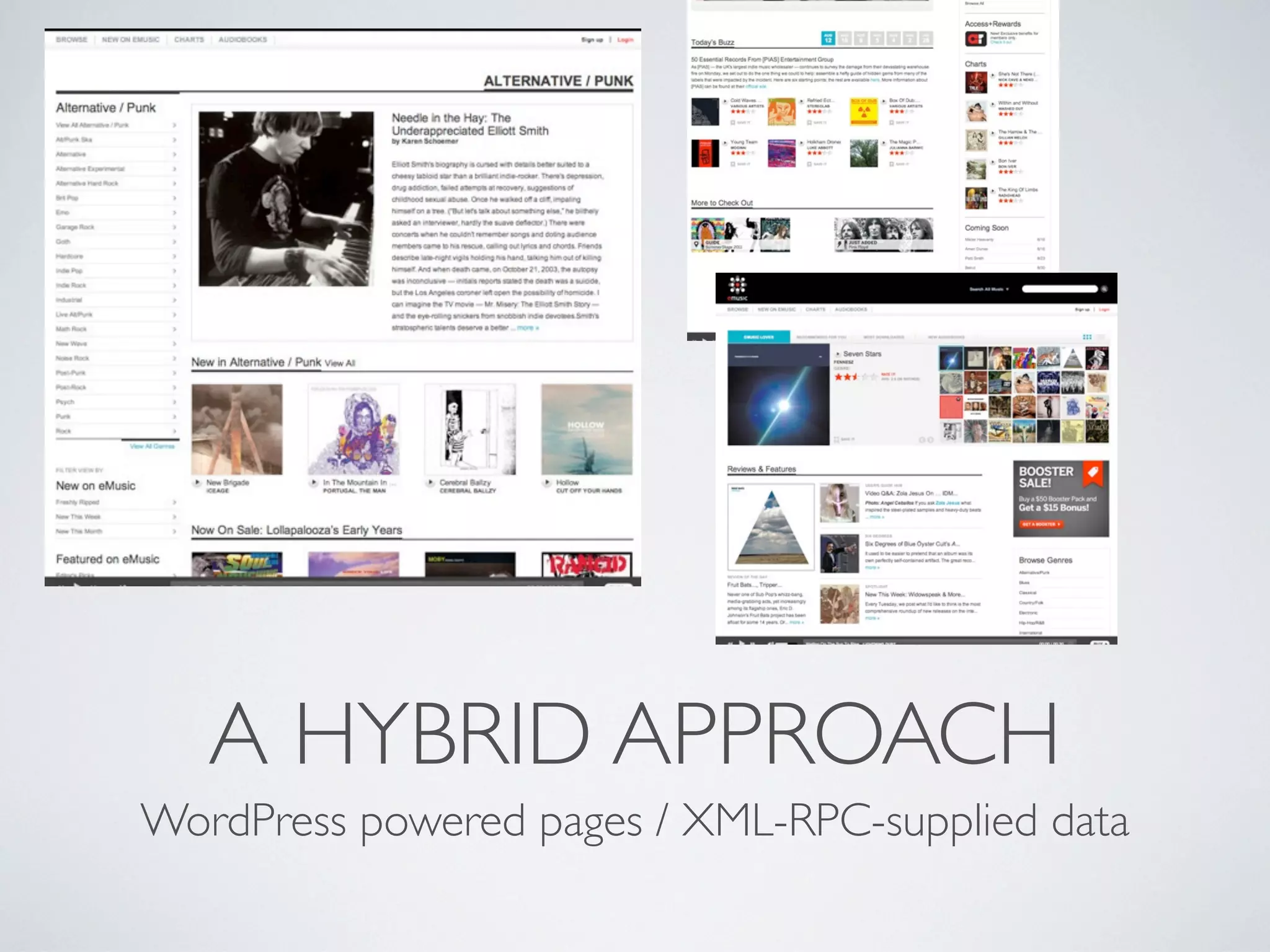 A HYBRID APPROACH
WordPress powered pages / XML-RPC-supplied data
 