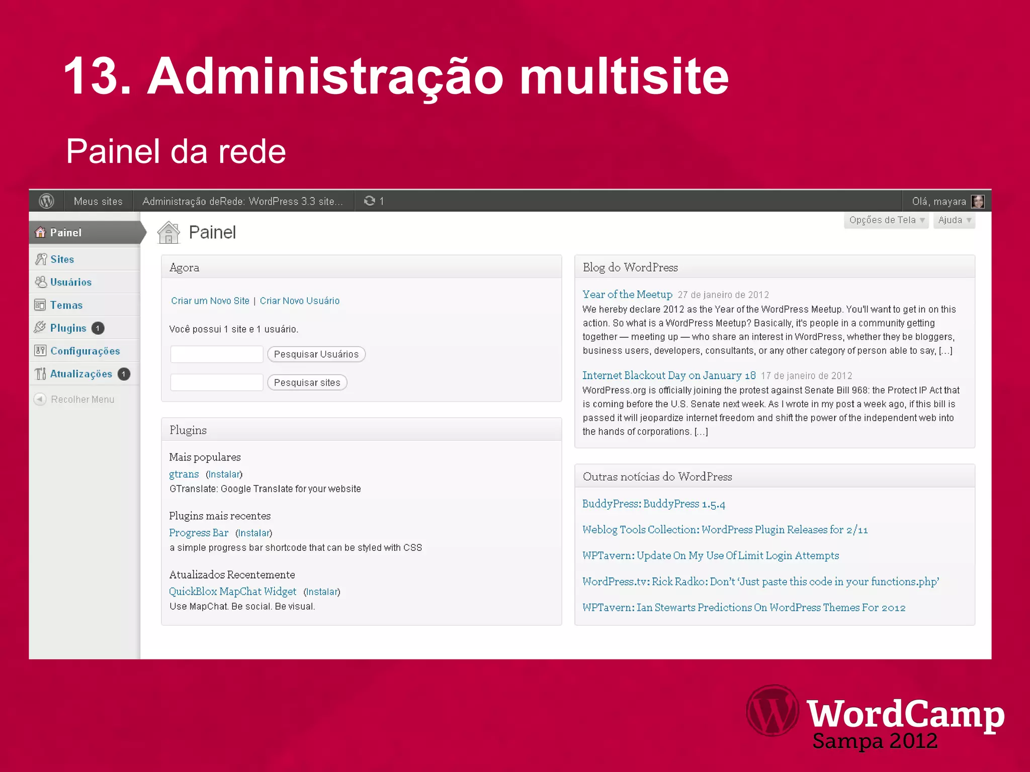 13. Administração multisite
Painel da rede
 