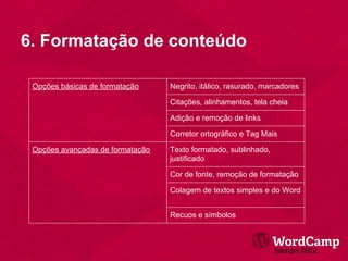 6. Formatação de conteúdo

 Opções básicas de formatação     Negrito, itálico, rasurado, marcadores

                                  Citações, alinhamentos, tela cheia

                                  Adição e remoção de links

                                  Corretor ortográfico e Tag Mais

 Opções avançadas de formatação   Texto formatado, sublinhado,
                                  justificado

                                  Cor de fonte, remoção de formatação

                                  Colagem de textos simples e do Word


                                  Recuos e símbolos
 