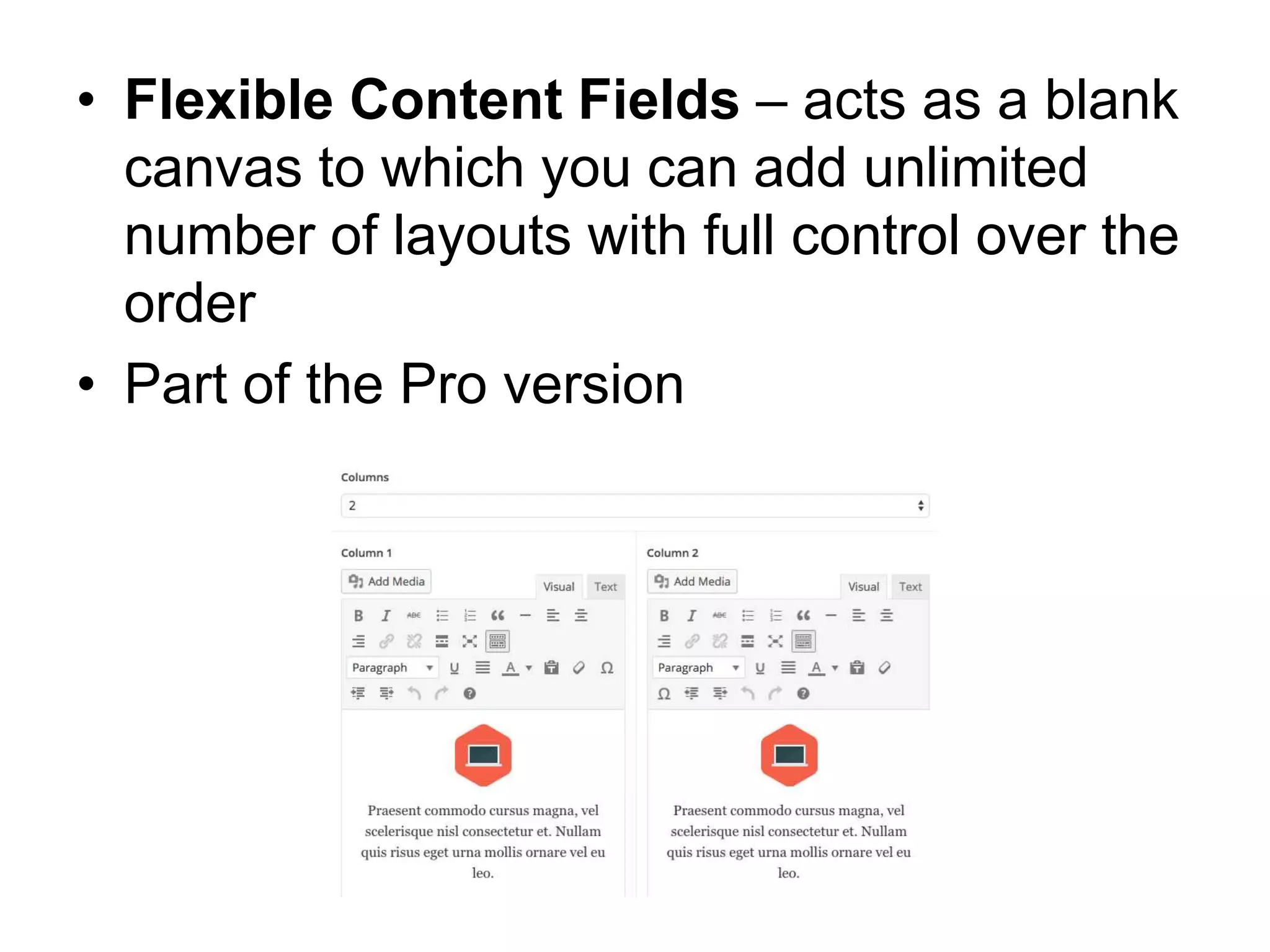 • Flexible Content Fields – acts as a blank
canvas to which you can add unlimited
number of layouts with full control over the
order
• Part of the Pro version
 