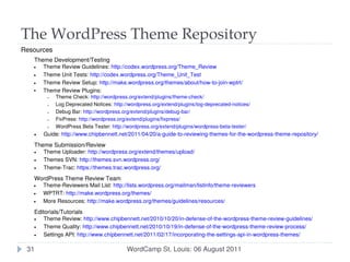 The WordPress Theme Repository
Resources
   Theme Development/Testing
   ●   Theme Review Guidelines: http://codex.wordpre...