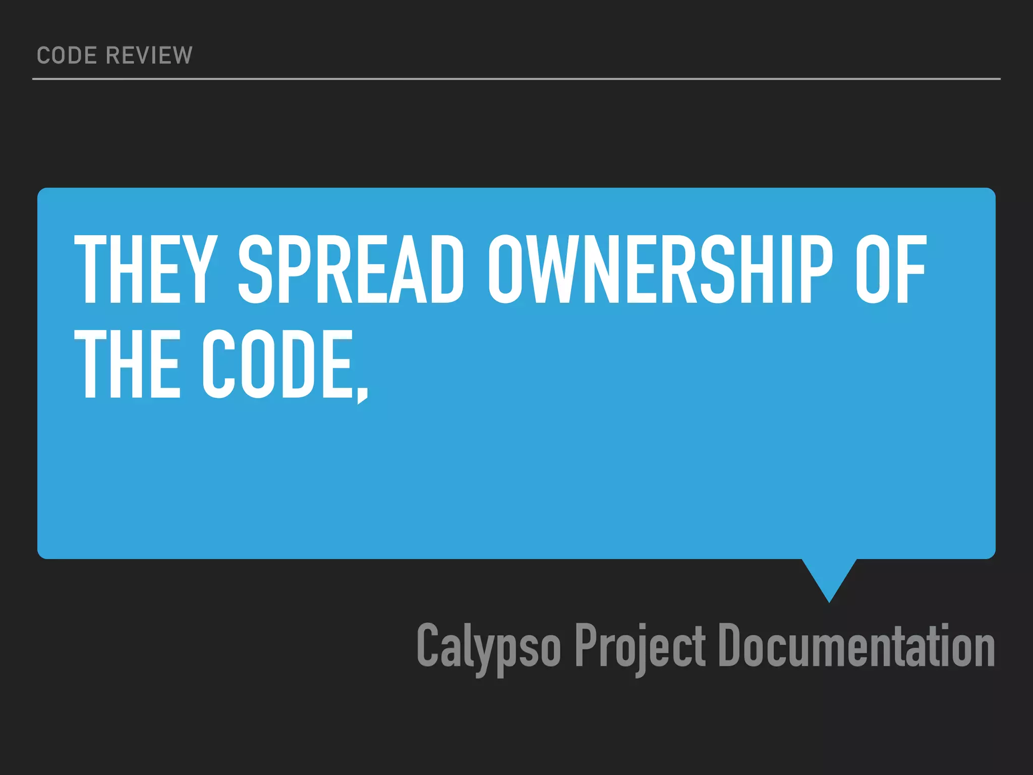 THEY SPREAD OWNERSHIP OF
THE CODE,
Calypso Project Documentation
CODE REVIEW
 
