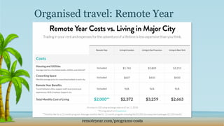 Organised travel: Remote Year
remoteyear.com/programs-costs
 