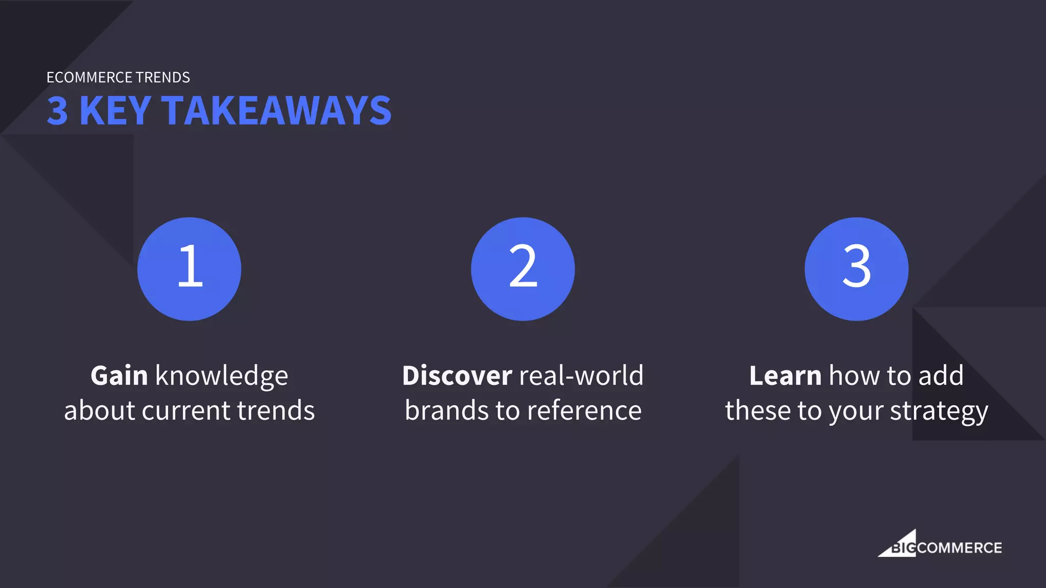 Gain knowledge
about current trends
3 KEY TAKEAWAYS
ECOMMERCE TRENDS
1
Discover real-world
brands to reference
2
Learn how to add
these to your strategy
3
 