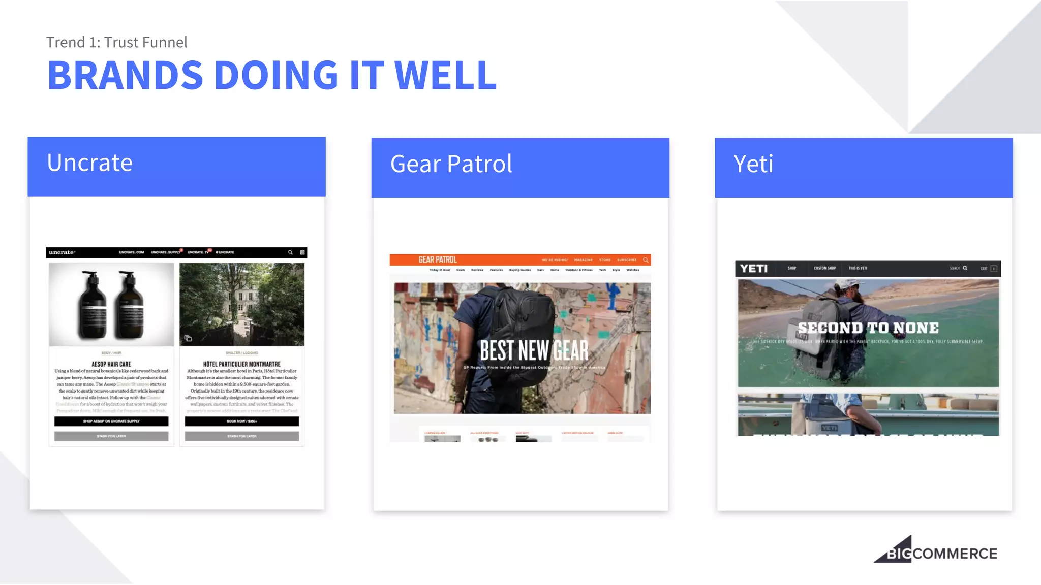 BRANDS DOING IT WELL
Trend 1: Trust Funnel
Uncrate Gear Patrol Yeti
 
