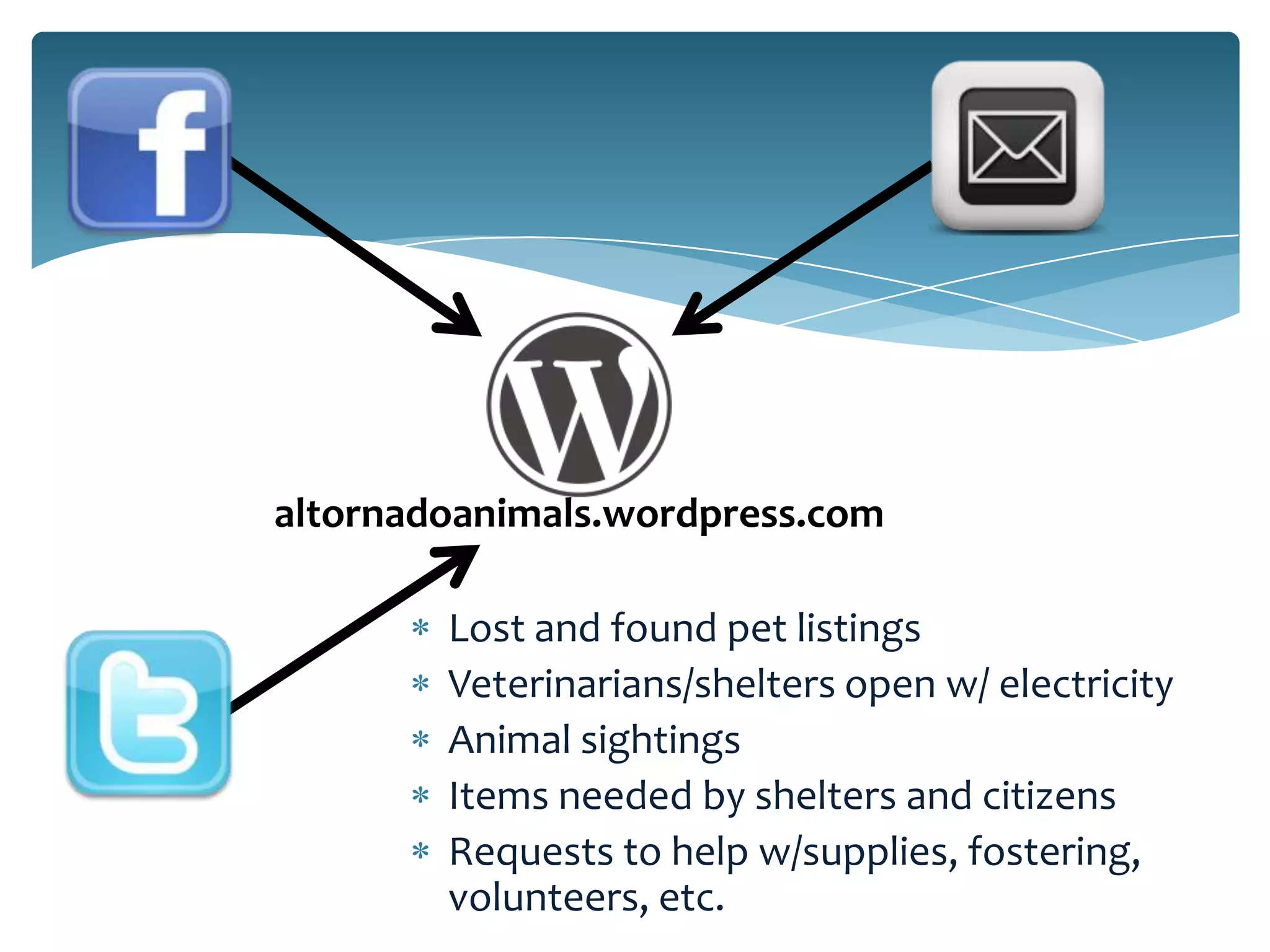 altornadoanimals.wordpress.com

        Lost and found pet listings
        Veterinarians/shelters open w/ electricity
        Animal sightings
        Items needed by shelters and citizens
        Requests to help w/supplies, fostering,
        volunteers, etc.
 