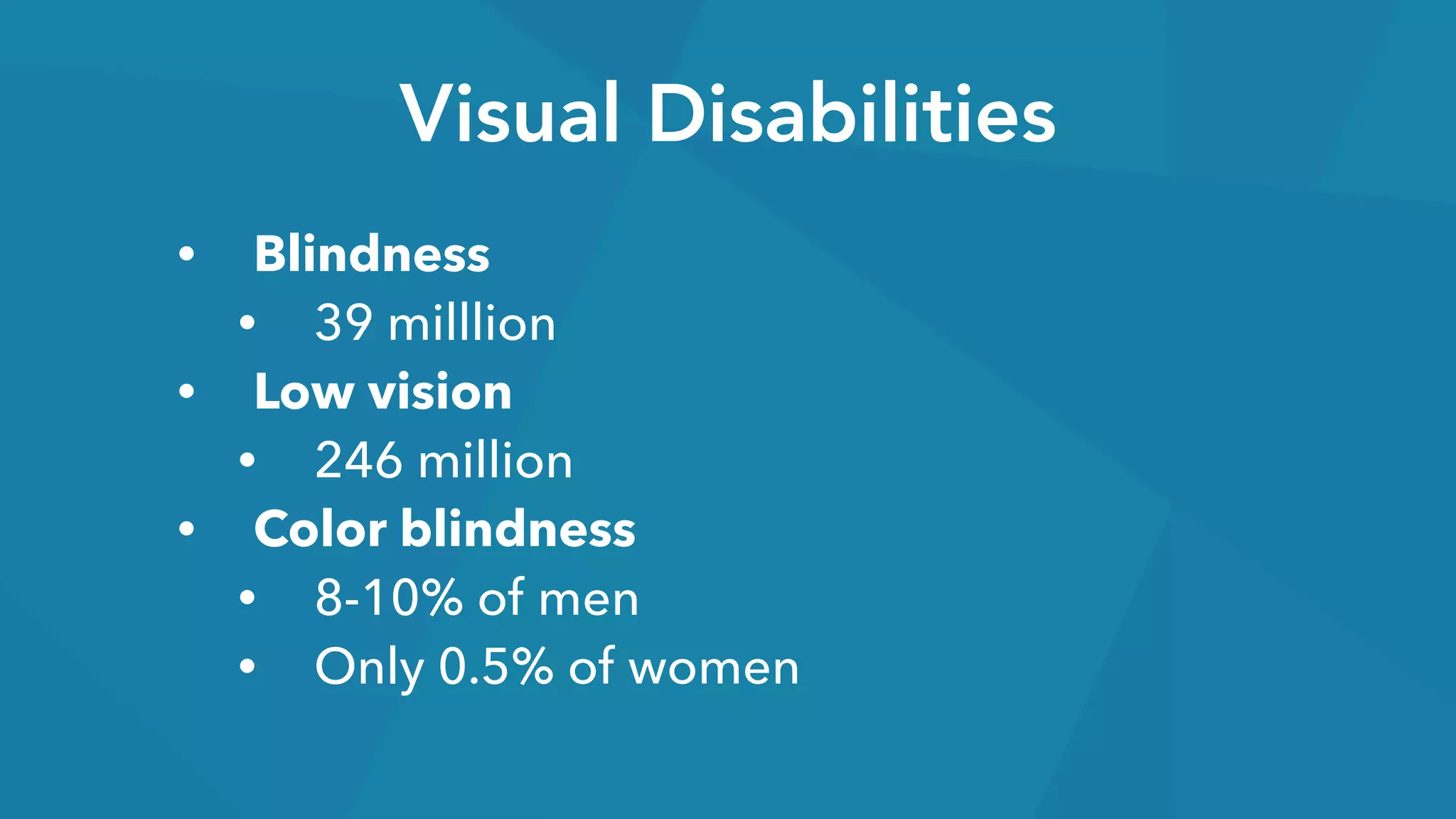 Visual Disabilities
• Blindness
• 39 milllion
• Low vision
• 246 million
• Color blindness
• 8-10% of men
• Only 0.5% of women
 