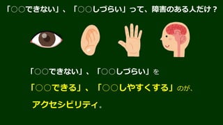 Accessibility for Everyone
https://abookapart.com/products/accessibility-for-everyone
アクセシビリティを考慮してデザインすると、
Webは誰でも、どこでも使えるものになる。
You make the web more inclusive
for everyone, everywhere,
when you design with accessibility in mind.
 