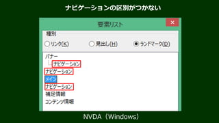 スクリーンリーダーでページ内のセクションを移動
Before After
aria-label
aria-label
aria-labelledby
 