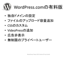 WordPress.comの有料版
•   独自ドメインの設定
•   ファイルのアップロード容量追加
•   CSSのカスタム
•   VideoPressの追加
•   広告非表示
•   無制限のプライベートユーザー



          WordCamp Tokyo 2012 Hands On by Arcted
 