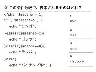 Q5: この条件分岐で、表示されるものはどれ？
<?php		$megane	=	1;	
if	(	$megaen>=5	)	{	
echo	“リンゴ”;	
}elseif($megane>=2){	
echo	“ゴリラ”;	
}elseif($megane==0){	
echo	“ラッパ”;	
}else{	
echo	“パイナップル”;	}
１
２
３
４
リンゴ
ゴリラ
ラッパ
パイナップル
 