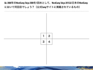 １ ２
３ ４
Q6: 2008年のWordCamp Tokyo 2008を1回めとして、WordCamp Tokyo 2015は日本のWordCamp
において何回目でしょう？（公式Campサイトに掲載されているもの）
 