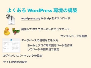よくある WordPress 環境の構築
wordpress.org から zip をダウンロード
ログインしてパーマリンクの設定
サンプルページを削除
ホームとブログ用の固定ページを作成
してページの割り当て設定
展開して FTP でサーバーにアップロード
サイト説明文の設定
データベースの情報などを入力
 