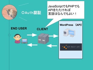 OAuth認証
END USER CLIENT
JavaScriptでもPHPでも
APIをたたければ
言語はなんでもよい！
 