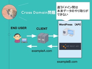 Cross Domain問題
END USER CLIENT
exampleA.com
exampleB.com
違うドメイン間は
本来データのやり取りが
できない
 
