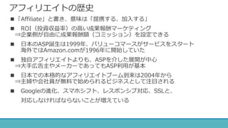 アフィリエイトの歴史
■「Affiliate」と書き、意味は「提携する、加入する」
■ ROI（投資収益率）の高い成果報酬マーケティング
⇒企業側が自由に成果報酬額（コミッション）を設定できる
■ 日本のASP誕生は1999年、バリューコマースがサービスをスタート
海外ではAmazon.comが1996年に開始していた
■ 独自アフィリエイトよりも、ASPを介した展開が中心
⇒大手広告主やメーカーであってもASP利用が基本
■ 日本での本格的なアフィリエイトブーム到来は2004年から
⇒主婦や会社員が無料で始められるビジネスとして注目される
■ Googleの進化、スマホシフト、レスポンシブ対応、SSLと、
対応しなければならないことが増えている
 