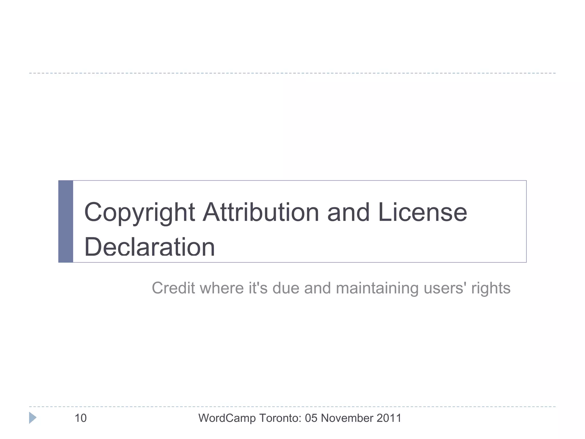 Beyond the Guidelines: Theme Development Best Practices Example 1: template file undocumented WordCamp Toronto: 05 November 2011 Theme Inline Documentation Oenology Theme: index.php file, undocumented and uninformative 