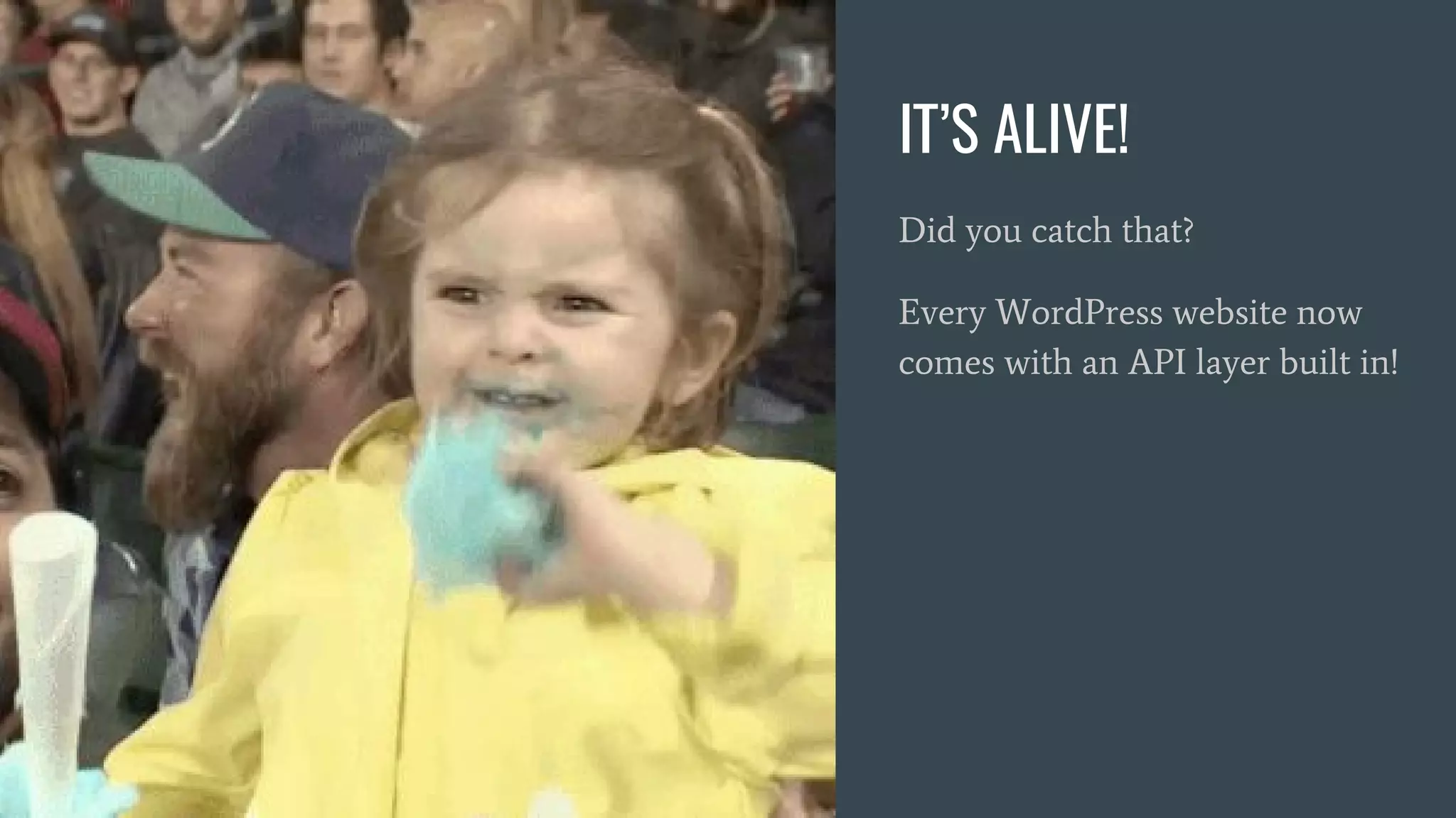 IT’S ALIVE!
Did you catch that?
Every WordPress website now
comes with an API layer built in!
 