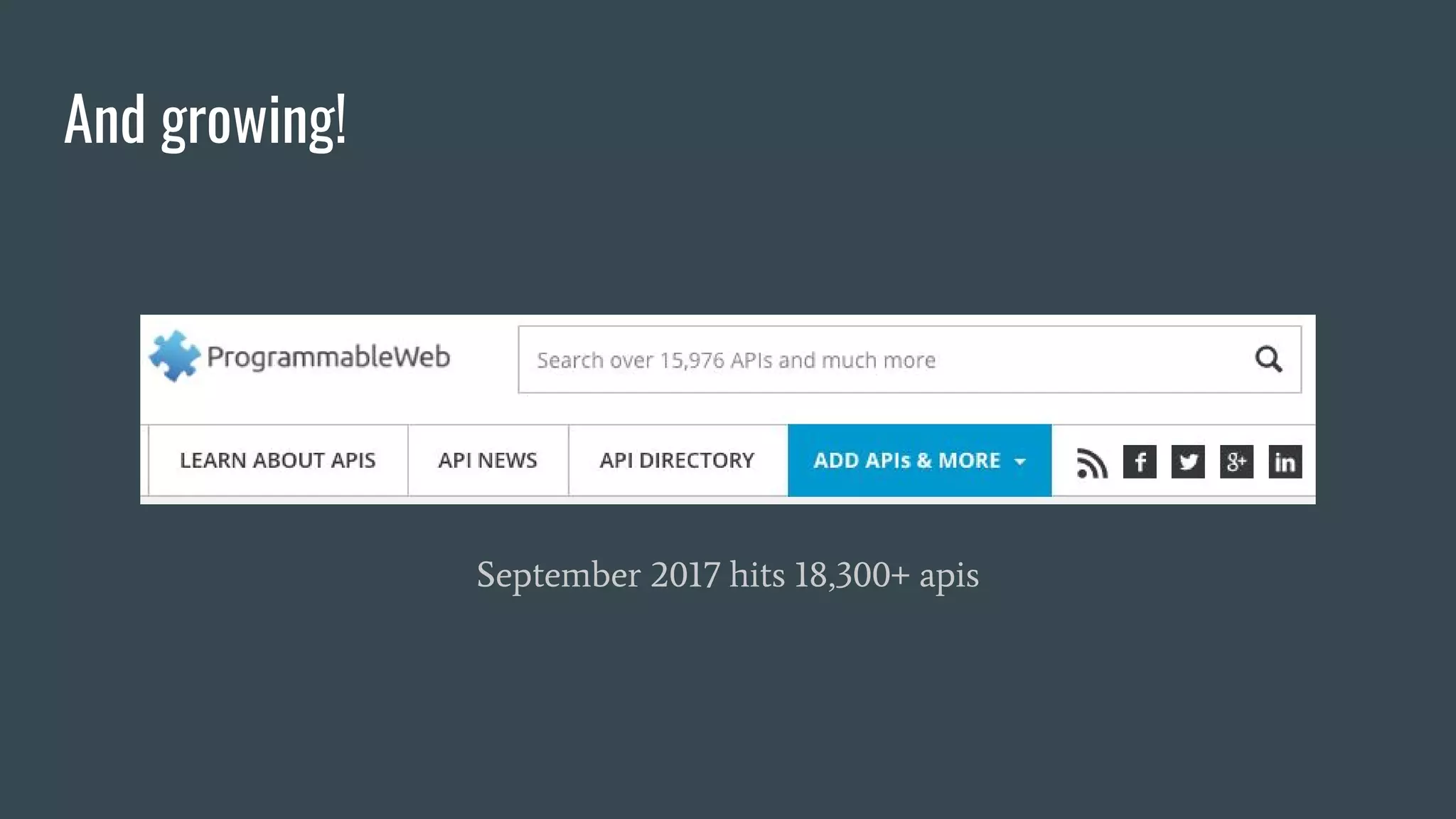 And growing!
September 2017 hits 18,300+ apis
 