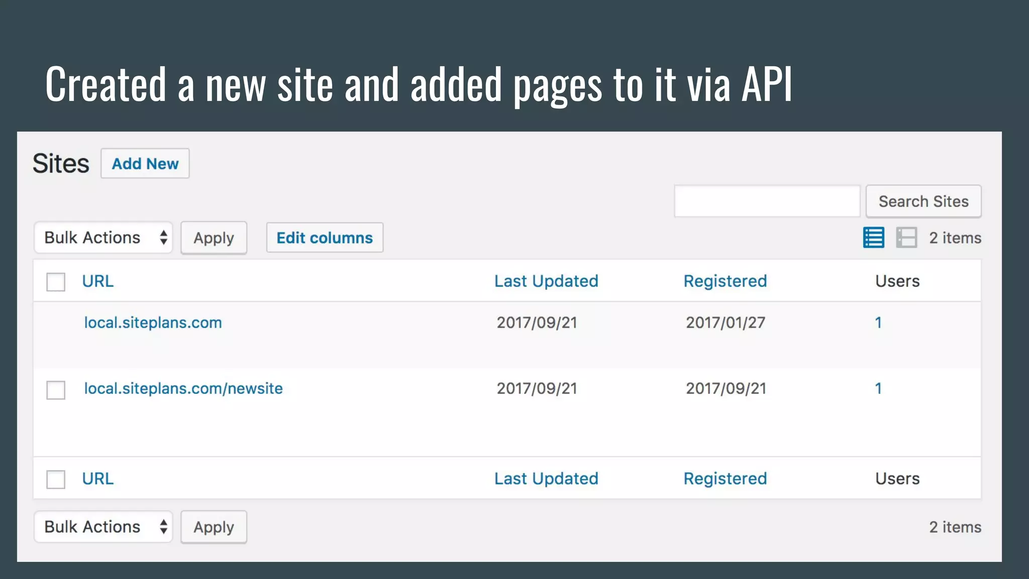 Created a new site and added pages to it via API
 