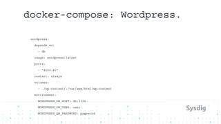 docker-compose: Wordpress.
wordpress:
depends_on:
- db
image: wordpress:latest
ports:
- "8000:80"
restart: always
volumes:
- ./wp-content/:/var/www/html/wp-content
environment:
WORDPRESS_DB_HOST: db:3306
WORDPRESS_DB_USER: user
WORDPRESS_DB_PASSWORD: password
 