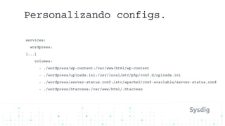 Personalizando configs.
services:
wordpress:
[...]
volumes:
- ./wordpress/wp-content:/var/www/html/wp-content
- ./wordpress/uploads.ini:/usr/local/etc/php/conf.d/uploads.ini
- ./wordpress/server-status.conf:/etc/apache2/conf-available/server-status.conf
- ./wordpress/htaccess:/var/www/html/.htaccess
 