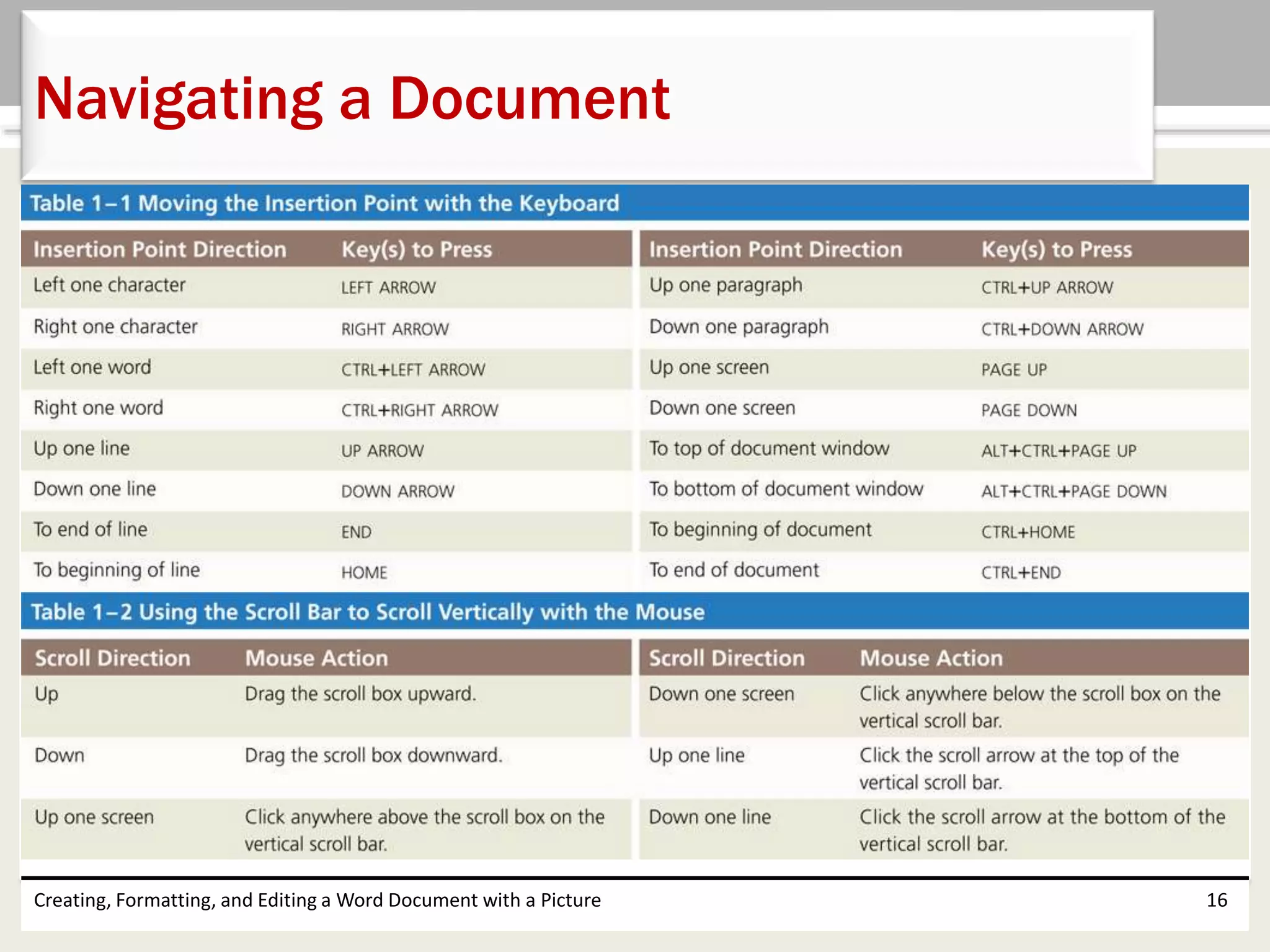 Creating, Formatting, and Editing a Word Document with a Picture 16
Navigating a Document
 