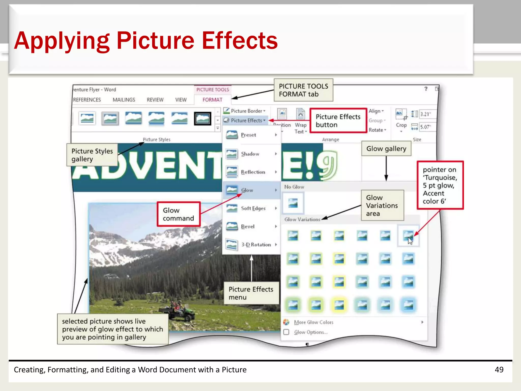 Creating, Formatting, and Editing a Word Document with a Picture 49
Applying Picture Effects
 