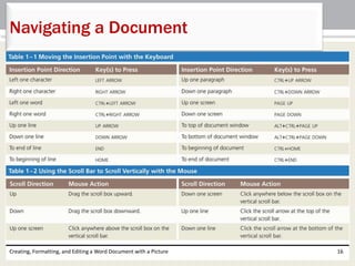 Creating, Formatting, and Editing a Word Document with a Picture 16
Navigating a Document
 