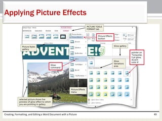 Creating, Formatting, and Editing a Word Document with a Picture 49
Applying Picture Effects
 