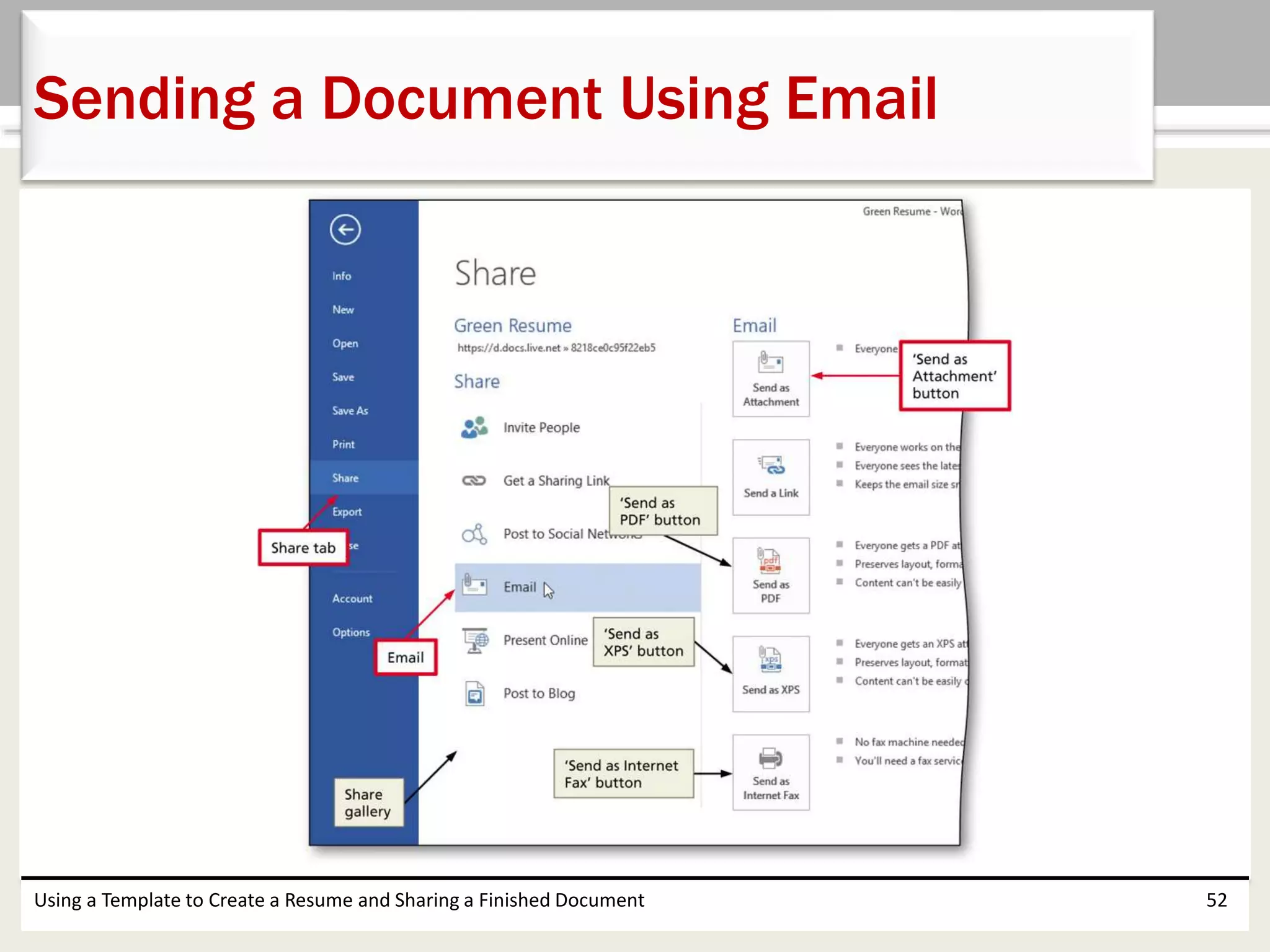 Using a Template to Create a Resume and Sharing a Finished Document 52
Sending a Document Using Email
 