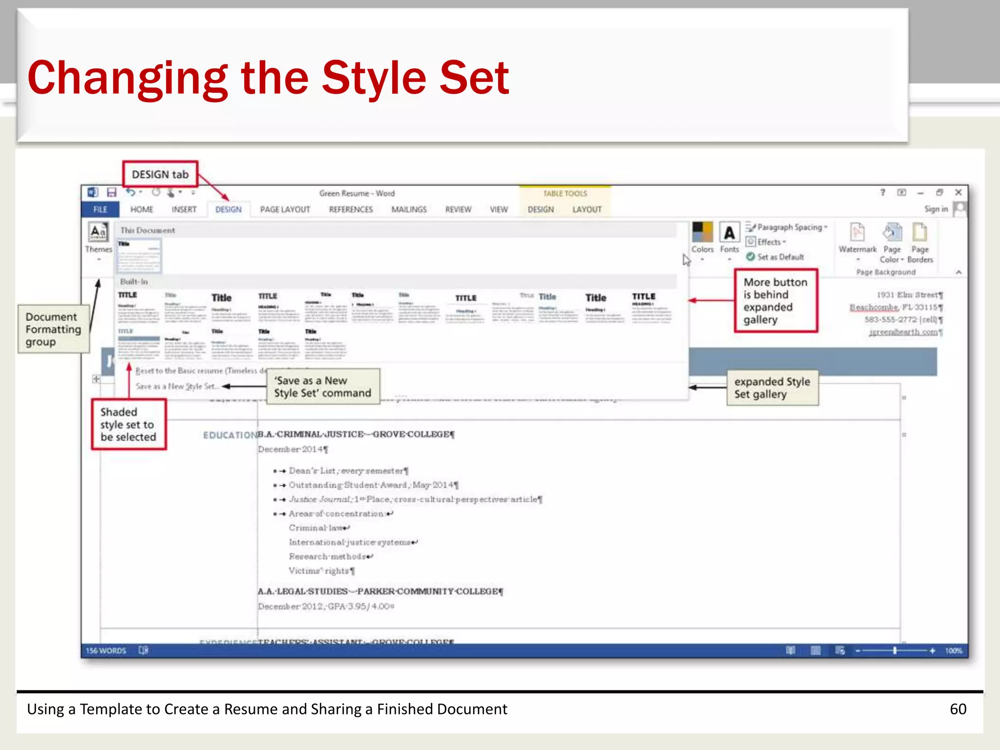 Using a Template to Create a Resume and Sharing a Finished Document 60
Changing the Style Set
 