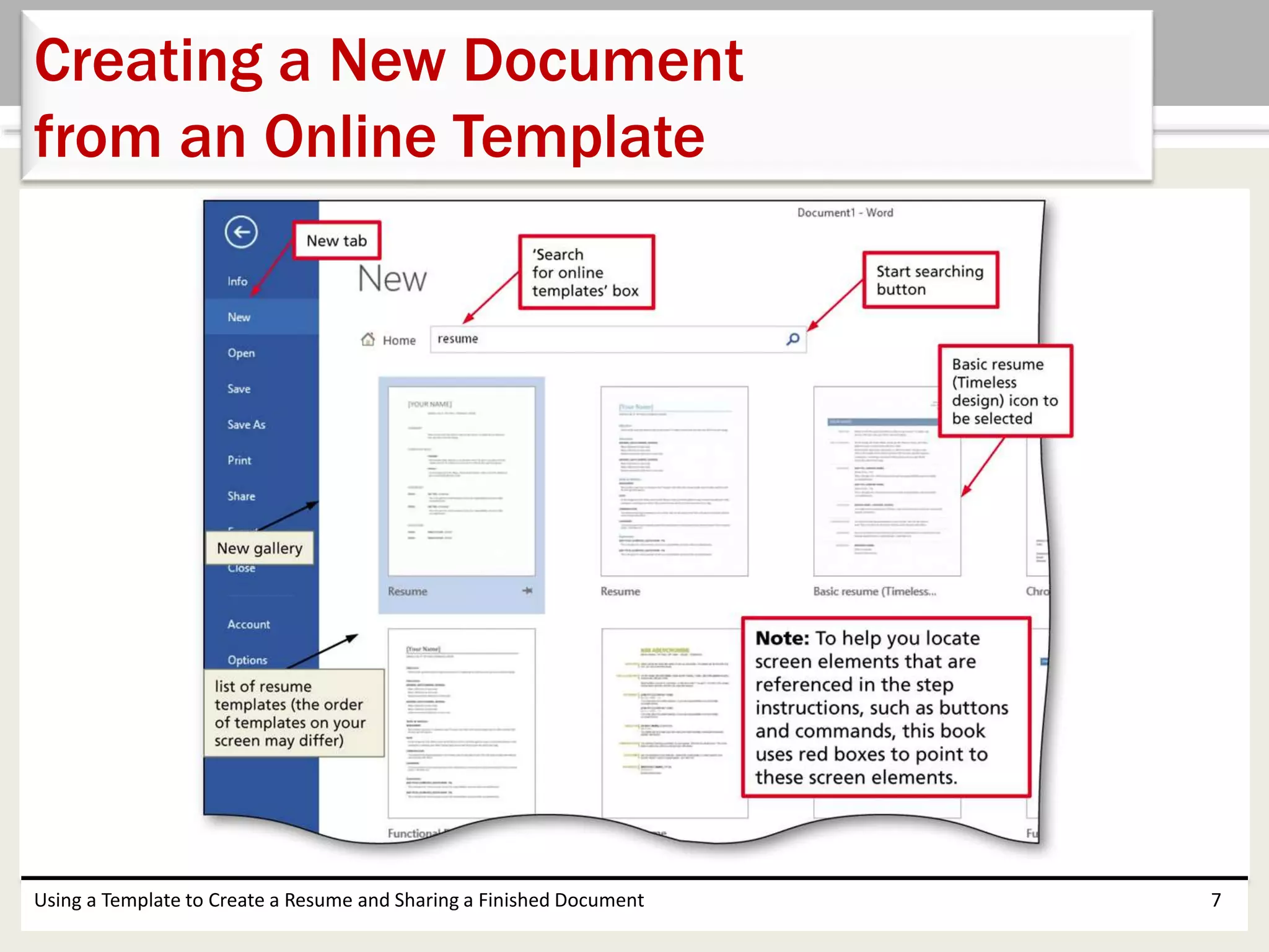 Using a Template to Create a Resume and Sharing a Finished Document 7
Creating a New Document
from an Online Template
 