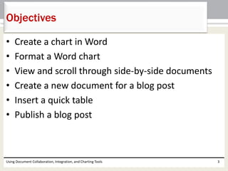 Objectives 
• Create a chart in Word 
• Format a Word chart 
• View and scroll through side-by-side documents 
• Create a new document for a blog post 
• Insert a quick table 
• Publish a blog post 
Using Document Collaboration, Integration, and Charting Tools 3 
 