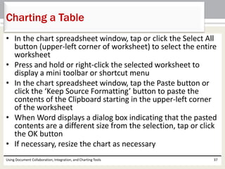 Charting a Table 
• In the chart spreadsheet window, tap or click the Select All 
button (upper-left corner of worksheet) to select the entire 
worksheet 
• Press and hold or right-click the selected worksheet to 
display a mini toolbar or shortcut menu 
• In the chart spreadsheet window, tap the Paste button or 
click the ‘Keep Source Formatting’ button to paste the 
contents of the Clipboard starting in the upper-left corner 
of the worksheet 
• When Word displays a dialog box indicating that the pasted 
contents are a different size from the selection, tap or click 
the OK button 
• If necessary, resize the chart as necessary 
Using Document Collaboration, Integration, and Charting Tools 37 
 