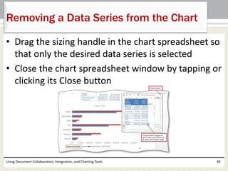 Removing a Data Series from the Chart 
• Drag the sizing handle in the chart spreadsheet so 
that only the desired data series is selected 
• Close the chart spreadsheet window by tapping or 
clicking its Close button 
Using Document Collaboration, Integration, and Charting Tools 39 
 