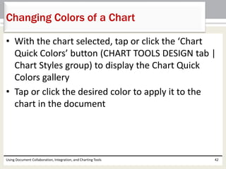 Changing Colors of a Chart 
• With the chart selected, tap or click the ‘Chart 
Quick Colors’ button (CHART TOOLS DESIGN tab | 
Chart Styles group) to display the Chart Quick 
Colors gallery 
• Tap or click the desired color to apply it to the 
chart in the document 
Using Document Collaboration, Integration, and Charting Tools 42 
 