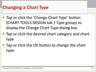 Changing a Chart Type 
• Tap or click the ‘Change Chart Type’ button 
(CHART TOOLS DESIGN tab | Type group) to 
display the Change Chart Type dialog box 
• Tap or click the desired chart category and chart 
type 
• Tap or click the OK button to change the chart 
type 
Using Document Collaboration, Integration, and Charting Tools 50 
 