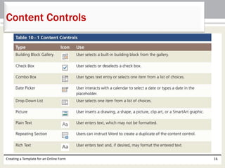 Content Controls 
Creating a Template for an Online Form 16 
 