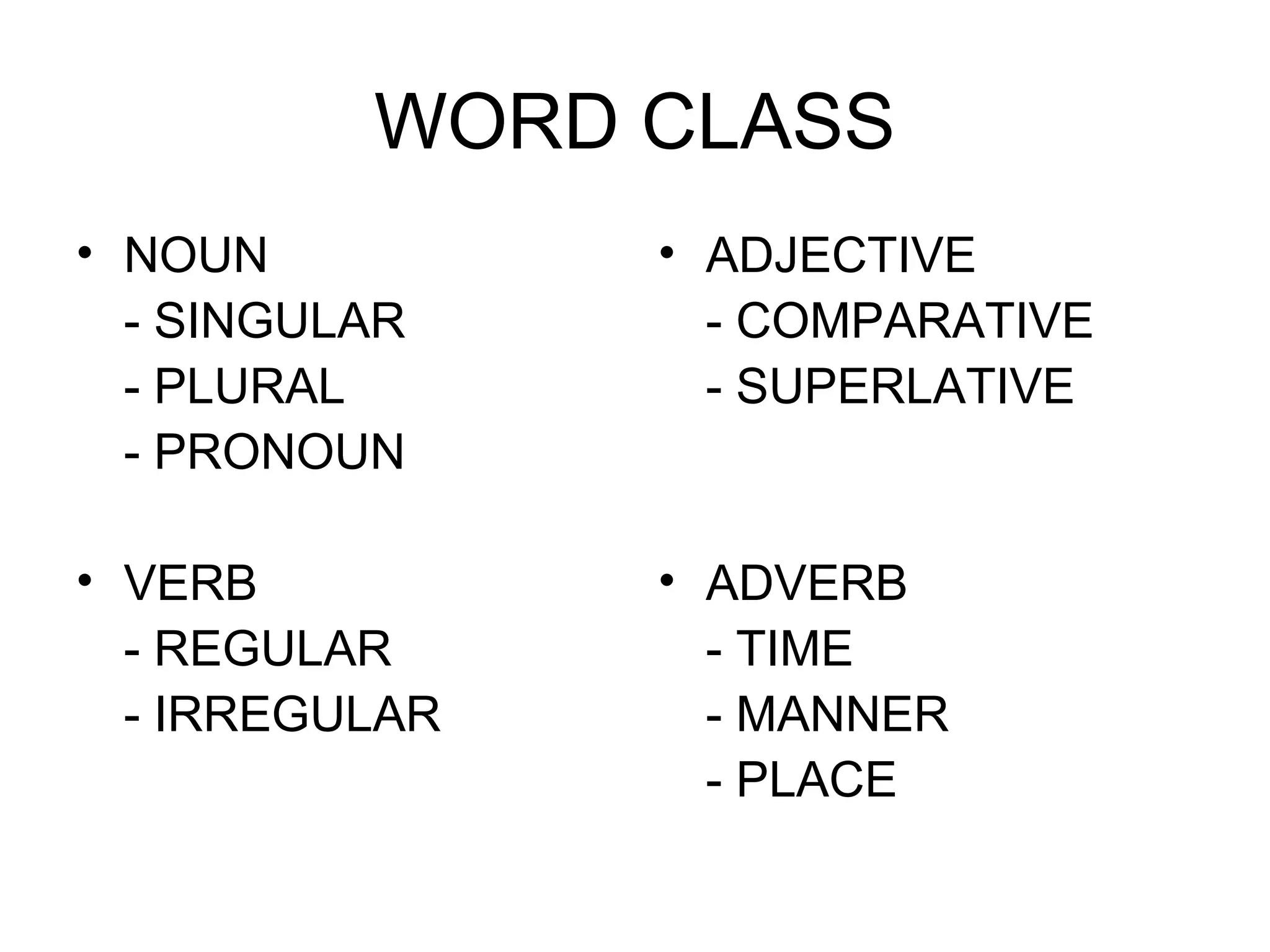 WORD CLASS
• NOUN
- SINGULAR
- PLURAL
- PRONOUN
• ADJECTIVE
- COMPARATIVE
- SUPERLATIVE
• VERB
- REGULAR
- IRREGULAR
• ADVERB
- TIME
- MANNER
- PLACE