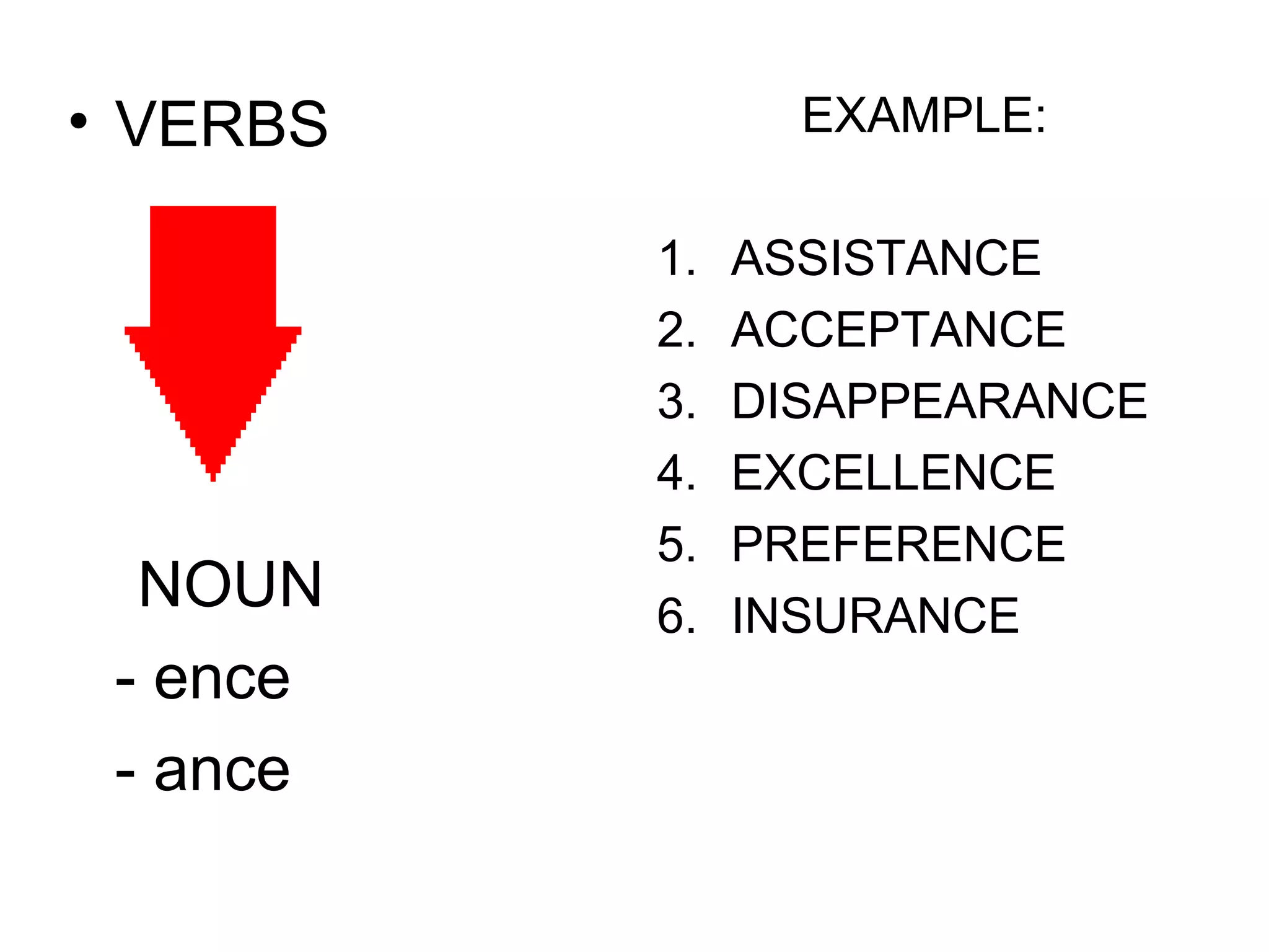 • VERBS
NOUN
- ence
- ance
EXAMPLE:
1.
2.
3.
4.
5.
6.
ASSISTANCE
ACCEPTANCE
DISAPPEARANCE
EXCELLENCE
PREFERENCE
INSURANCE