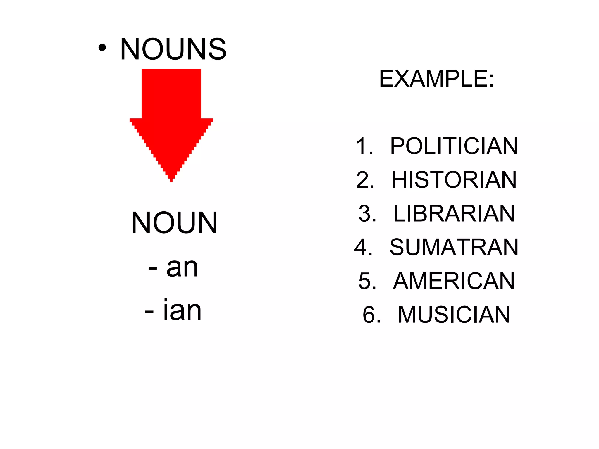 • NOUNS
NOUN
- an
- ian
EXAMPLE:
1.
2.
3.
4.
5.
6.
POLITICIAN
HISTORIAN
LIBRARIAN
SUMATRAN
AMERICAN
MUSICIAN