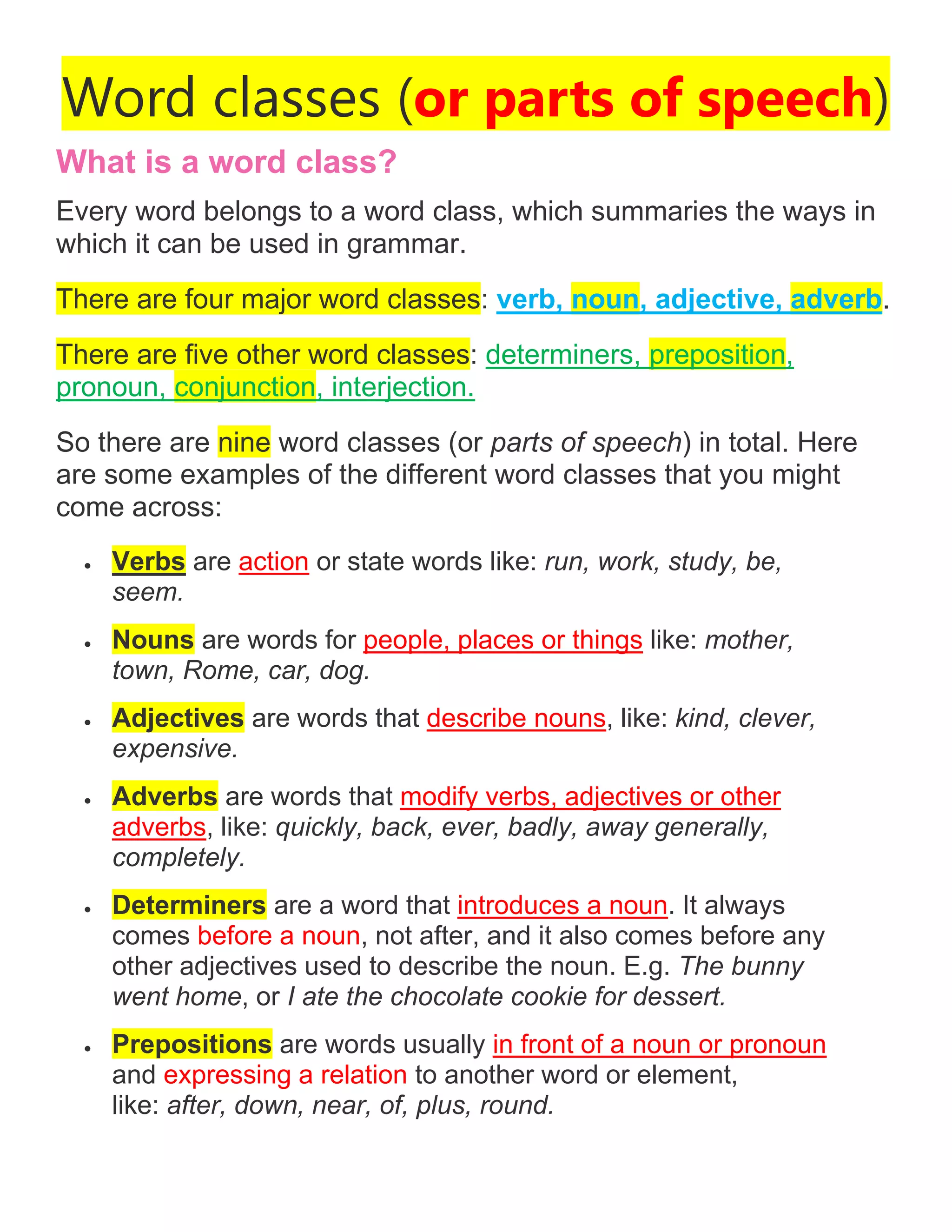 Word Classes Part Of Speech PDF