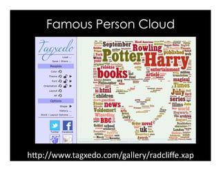hFp://www.tagxedo.com/gallery/radcliﬀe.xap	
Famous Person Cloud
 
