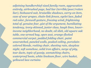 adjoining handkerchief-sized family room, aggravation
entirely, airbrushed page, bad liar (terrible/poor/rotten
liar), biohazard suit, bruiselike shadows, carry-on item,
case of sour grapes, chain-link fences, eyelet lace, faded
red color, farewell gesture, freezing wind, frightening
total of, genuine fear, gist of the argument, humiliating
tendency, ivory-skinned, junior class, laugh lines, lower-
income neighborhood, no doubt, oil slick, old square oak
table, one-armed hug, open seat, orange-flecked
commercial carpet, padded folding chair, paint
unscratched, paneled walls, peaked ceiling, porcelain-
colored blonde, rocking chair, sheeting rain, sleepless
night, soft somehow, solid iron affairs, surge of pity,
tear ducts, topic of gossip, unmatching chairs,
waterproof boots, white linoleum floor, wire basket,
yellowed lace curtains
 