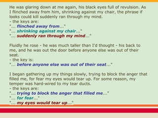 He was glaring down at me again, his black eyes full of revulsion. As
I flinched away from him, shrinking against my chair, the phrase if
looks could kill suddenly ran through my mind.
- the keys are:
"... flinched away from..."
"... shrinking against my chair..."
"... suddenly ran through my mind..."
Fluidly he rose - he was much taller than I'd thought - his back to
me, and he was out the door before anyone else was out of their
seat.
- the key is:
"... before anyone else was out of their seat..."
I began gathering up my things slowly, trying to block the anger that
filled me, for fear my eyes would tear up. For some reason, my
temper was hard-wired to my tear ducts.
- the keys are:
"... trying to block the anger that filled me..."
"... for fear..."
"... my eyes would tear up..."
 